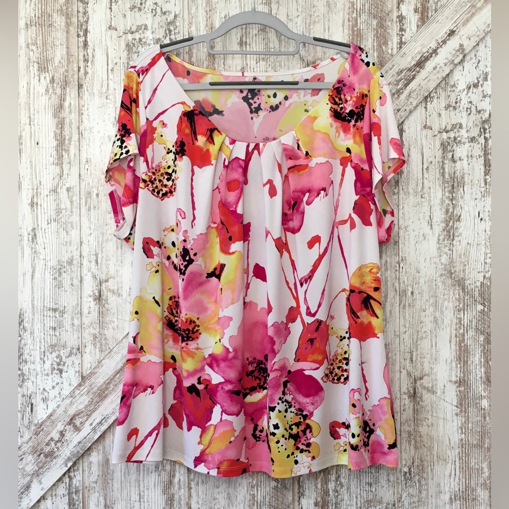 Worthington White/Pink/Yellow Floral Watercolor Shirt